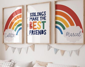 Set of 3 Playroom Prints, Brother Sister Bedroom Prints, Sibling Prints, Personalised Rainbow Prints, Rainbow, Colourful, Toddler Bedroom