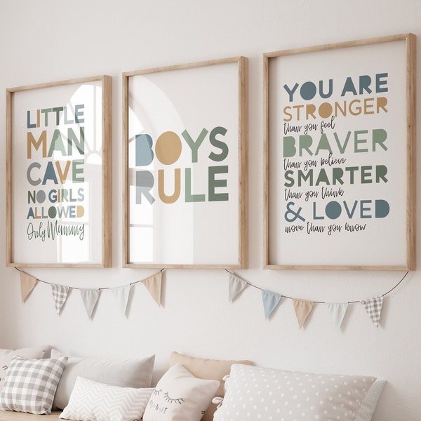 Boys Bedroom Decor, Boys Nursery Prints, Sage Green, Boys Rule, Playroom Prints, Nursery Wall Art, Affirmation Prints, You Are Loved, Brave