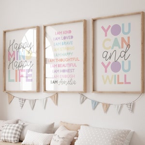 Set of 3 Girls Bedroom Prints, Positive Affirmation, Girls Bedroom Posters, Motivational Prints, Inspirational Wall Art, Playroom Prints