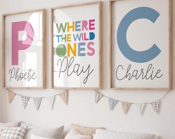 Set of 3 Personalised Bedroom Prints, Where The Wild Ones Play, Brother Sister Prints, Sibling Wall Art, Shared Bedroom, Rainbow, Colourful