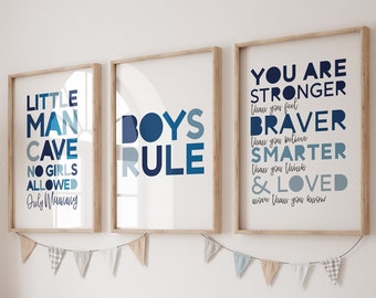 Set of 3 Boys Bedroom Prints, Boys Nursery Decor, Boys Rule, Playroom Prints, Nursery Wall Art, Affirmation Prints, You Are Loved, Man Cave