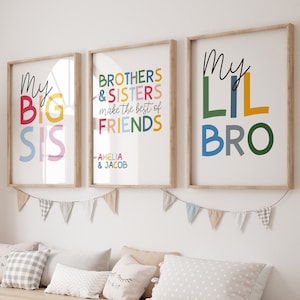 Set of 3 Playroom Prints, Brothers and Sisters Make The Best Friends, Big Sis Lil Bro, Rainbow Prints, Siblings Prints, Kids Personalised