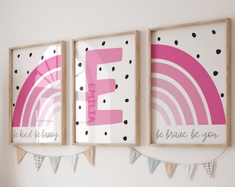 Set of 3 Girls Bedroom Prints, Girls Personalised Nursery Prints, Playroom Prints, Pink, Rainbow Prints, Girls Wall Art, Toddler Bedroom
