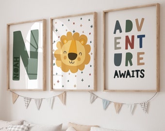3 stampe per la cameretta dei ragazzi, stampe per la cameretta dei ragazzi, stampe per la cameretta dei leoni, personalizzate, stampe per la camera da letto con tema giungla, stampe per la camera da letto con tema safari, cameretta dei bambini piccoli