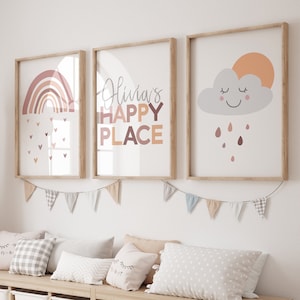 Set of 3 Girls Nursery Wall Art, Girls Bedroom Decor, My Happy Place, Personalised Prints, Girls Nursery Decor, Kids Prints, Toddler Bedroom