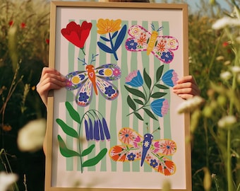 Wild Flower and Butterfly Print, Girls Bedroom Print, Rainbow Wall Art, Colourful, Girls Bedroom Decor, Girls Nursery Prints, Playroom