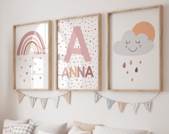Set of 3 Girls Bedroom Decor, Girls Nursery Wall Art, Girls Bedroom Posters, Personalised Prints, Playroom Wall Art, Rainbow Girls Wall Art