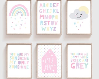 Set of 6, You Are My Sunshine Print, You Are My Sunshine Wall Art, Nursery Wall Art, Girls Pastel Nursery Prints, Girls Bedroom, Playroom