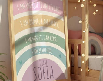 Impresión de afirmación para niñas, decoración personalizada para dormitorio de niñas, arcoíris, eres amada, positivo, arte de pared para guardería de niñas, sala de juegos, motivacional