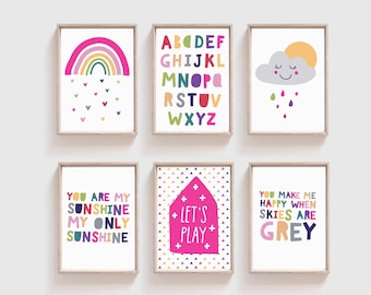 Set of 6 Girls Nursery Prints, Rainbow Prints, Girls Bedroom Prints, Girls Nursery Wall Art, Rainbow, Playroom Prints, Girls Wall Art, Pink