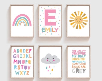 Set of 6 Girls Nursery Prints, You Are My Sunshine, Nursery Wall Art, Girls Bedroom Print, Rainbow Wall Art, Playroom Print, Girls Wall Art,