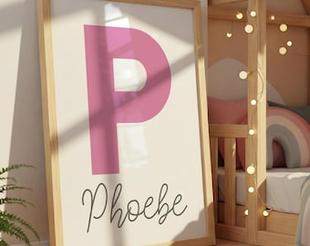 Girls Personalised Initial Name Print, Pink, Girls Nursery Print, Girls Bedroom Decor, Nursery Wall Art, Girls Wall Art