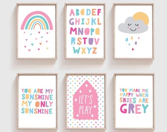 Set of 6, You Are My Sunshine,, Girls Nursery Prints, Girls Nursery Decor, Rainbow, Girls Bedroom Decor, Girls Bedroom Prints, Playroom