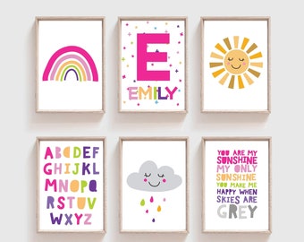 6 Girls Nursery Prints, Rainbow Wall Art, Girls Bedroom Prints, Rainbow Prints, Girls Wall Art, You Are My Sunshine, Playroom Prints, Pink