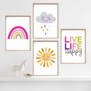 Set of 4 Girls Nursery Prints, Rainbow, Sun, Cloud, Girls Bedroom Prints, Playroom Prints, Playroom Decor, Girls Bedroom Decor, Playroom