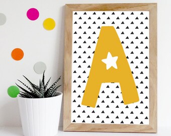 Personalised Yellow Initial Print, Boys Nursery Print, Boys Wall Art, Boys Bedroom Prints, Playroom Prints, Kids Wall Art, Boys Bedroom