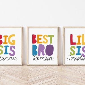 Set of 3 Playroom Prints, Big Bro Lil Sis, Brother Sister Bedroom Prints, Sibling Prints, Rainbow Prints, Rainbow Wall Art, Colourful