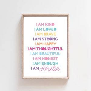 Girls Affirmation Prints, Girls Bedroom Decor, I Am, Positive, Personalised Prints, Affirmations, Kids Wall Art, Girls Wall Art, Playroom