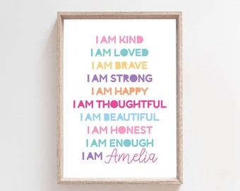 Girls Affirmation Prints, Girls Bedroom Decor, I Am, Positive, Personalised Prints, Affirmations, Kids Wall Art, Girls Wall Art, Playroom