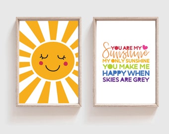 Set of 2 You Are My Sunshine Print, Girls Nursery Print, Playroom, Nursery Decor, Girls Bedroom Prints, Sunshine, Rainbow, Girls Wall Art