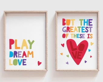 Set of 2 Rainbow Prints, Bible Verse Print, Girls Bedroom Prints, Girls Nursery Wall Art, Girls Wall Art, Colourful, Boys Bedroom Playroom