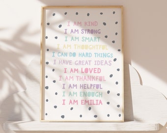 impresión de afirmación personalizada para niñas, decoración del dormitorio de las niñas, colores pastel, arte de la pared del arco iris, impresiones positivas, guardería para niñas, decoración de la sala de juegos