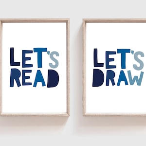 Juego de 2 impresiones de Let's Read Let's Draw, impresiones de lectura, impresiones de sala de juegos, rincón de lectura, dormitorio de niños, sala de juegos, arte de pared de guardería, aprendizaje