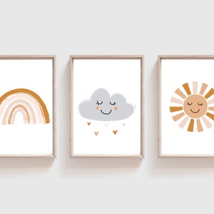 Set of 3 Rainbow Prints, Girls Bedroom Decor, Nursery Wall Art, Girls Bedroom Decor, Rainbow Sun Cloud Nursery Decor, Girls Nursery Prints