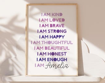 Lámina de afirmación personalizada para niñas, decoración de dormitorio para niñas, morado, arte de pared para niñas, láminas positivas, guardería para niñas, sala de juegos, motivacional