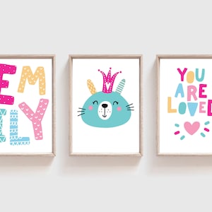 Set of 3 You Are Loved Print, Girls Nursery Prints, Girls Bedroom Decor, Animal Nursery Print, Girls Nursery Wall Art, Personalised Prints
