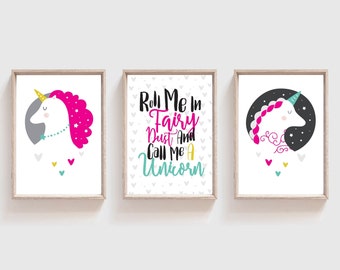 Set of 3 Unicorn Prints, Unicorn Decor, Girls Bedroom Decor, Unicorn Wall Art, Nursery Prints, Nursery Wall Art, Set of 3 Unicorn Prints.