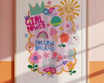 Girls Bedroom Print, Rainbow Wall Art, Girl Power, Colourful, Girls Bedroom Decor, Girls Nursery Prints, Playroom, Girls Wall Art, Toddler
