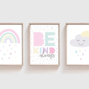 Set of 3 Girls Nursery Prints, Be Kind, Rainbow Prints, Girls Bedroom Prints, Rainbow Wall Art, Playroom Prints, Girls Wall Art, Pastel
