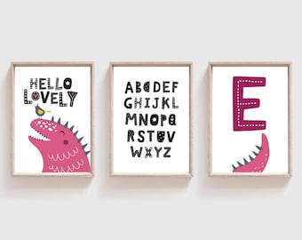 Conjunto de 3 impresiones de dinosaurios, decoración de dinosaurios, arte de vivero de dinosaurios, impresión de nombre, decoración de habitación de niñas, cartel de dinosaurio, decoración de guardería de niños, dinosaurios