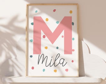 Girls Personalised Name Print, Girls Bedroom Prints, Nursery Wall Art, Pink Teal Colourful, Girls Bedroom Decor, Playroom Prints