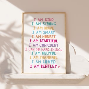 Girls Affirmation Prints, Girls Bedroom Decor, I Am, Positive, Personalised Prints, Affirmations, Girls Wall Art, Playroom, Motivational