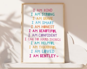 Girls Affirmation Prints, Girls Bedroom Decor, I Am, Positive, Personalised Prints, Affirmations, Girls Wall Art, Playroom, Motivational