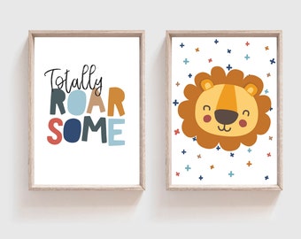 Set di 2 stampe per cameretta dei bambini con leone, stampe per cameretta dei bambini con safari, stampe per cameretta dei bambini, stampe per cameretta dei bambini, stampe per cameretta dei bambini con animali, Roarsome