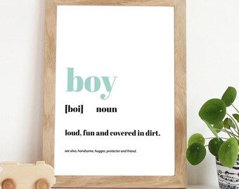 Junge Definition Druck, Jungen Kinderzimmer Drucke, Jungen Schlafzimmer Drucke, Jungen Schlafzimmer Dekor, Kinderzimmer Wandkunst, Kinderzimmer Wandkunst, Gedämpftes Grün Blau