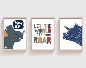 Juego de 3 impresiones de dinosaurios, impresiones para la habitación de los niños, arte de pared para la habitación de los niños, deja que el mundo escuche tu rugido, arte de pared para dormitorio de niños, póster de dinosaurios