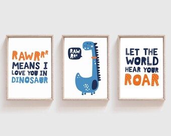Set of 3 Dinosaur Prints, Boys Nursery Prints, Dinosaur Wall Art, Boys Bedroom Decor, Nursery Quotes, Boys Bedroom Sign, Dinosaur Posters