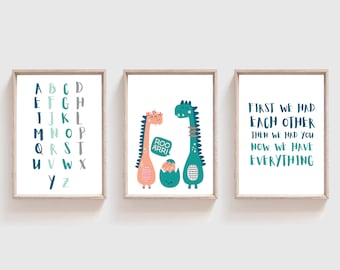 Set of 3 Dinosaur Prints, Nursery Quotes, Dinosaur Decor, Dinosaur Wall Art, Name Print, Boys Decor, Dinosaur Poster, Boys Nursery Decor,