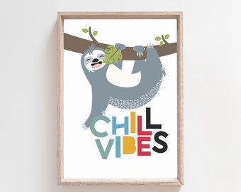Boys Nursery Prints, Sloth Nursery Prints, Animal Nursery Decor, Sloth Nursery Print, Chill Vibes, Baby Gift, Childrens Bedroom Print