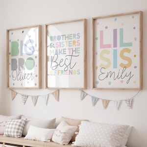 Set of 3 Playroom Prints, Big Bro Lil Sis, Brother Sister Bedroom Prints, Sibling Wall Art, Rainbow Prints, Personalised, Colourful
