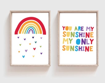 2 You Are My Sunshine Print, Girls Nursery Print, Rainbow Prints, Rainbow Wall Art, Boys Nursery Print, Girls Bedroom Prints, Nursery Quotes