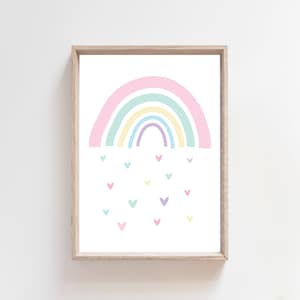 May include: A pastel rainbow with a pink, yellow, green, and purple arc, with a white background and a shower of pastel hearts falling from the rainbow.