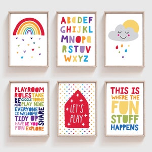 Set van 6 kleurrijke speelkamer prints, jongens kinderkamer decor, meisjes kinderkamer decor, regenboog kunst aan de muur, speelkamer decor, speelkamer kunst aan de muur, regenboog afbeelding 1