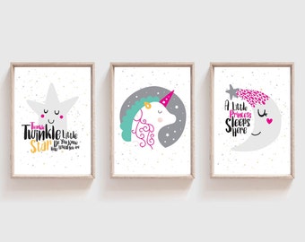 3er Set Einhorn Prints, Mädchen Schlafzimmer Dekor, Einhorn Wandkunst, Mädchen Kinderzimmer Dekor, Mädchen Schlafzimmer Drucke, Spielzimmer Drucke, Kinderzimmer Wandkunst