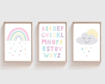 Set of 3, Girls Nursery Prints, Girls Bedroom Decor, Girls Wall Art, Pastel, Nursery Wall Art, Toddler Bedroom, Playroom, Girls Wall Art