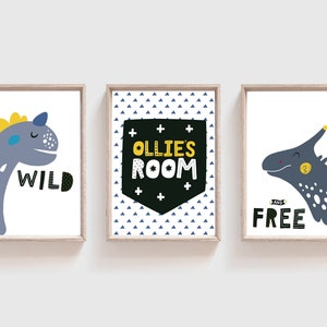 3er Set Dinosaurier-Drucke, Dinosaurier-Dekor, Dinosaurier-Kinderzimmer-Kunst, Namensdruck, Jungen-Raum-Dekor, Dinosaurier-Poster, Jungen-Kinderzimmer-Dekor, Dinosaurier